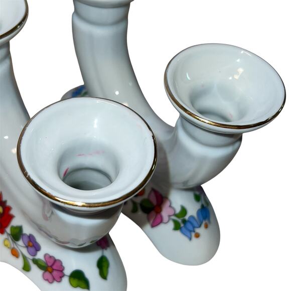 Kalocsa Hungary Handpainted Double Candle Holder Pair Floral Gold Trim Porcelain - Picture 6 of 11